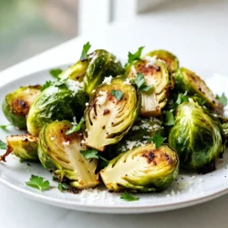 - 1 pound Brussels sprouts, trimmed and halved - 4 garlic cloves, finely minced - Fresh parsley, finely chopped (for garnish) - 3 tablespoons extra virgin olive oil - &frac12; cup freshly grated Parmesan cheese - &frac12; teaspoon red pepper flakes (optional) - Salt and freshly cracked black pepper to taste - 2 tablespoons balsamic vinegar (optional) For this recipe, you need fresh Brussels sprouts. They should be firm and bright green. Trim the ends and cut them in half. This helps them cook evenly. You will use garlic to add a strong, tasty flavor. Mince it finely so it spreads well. Fresh parsley will make your dish look nice and add a fresh taste. In your pantry, grab some extra virgin olive oil. It helps the sprouts crisp up in the oven. Parmesan cheese adds a rich, savory flavor. If you want some heat, include red pepper flakes. Salt and pepper will enhance all the flavors. Balsamic vinegar is optional, but it adds a sweet touch. You can drizzle it on after roasting. These simple ingredients combine to create a dish that is both tasty and healthy. {{ingredient_image_2}} - Preheat oven to 400&deg;F (200&deg;C). - Prepare the baking sheet with parchment paper. Start by heating your oven to a nice warm 400&deg;F. This step is key for getting those Brussels sprouts crispy. Next, grab a large baking sheet and cover it with parchment paper. This makes cleanup easy and helps the sprouts crisp up nicely. - Toss Brussels sprouts with olive oil. - Add garlic, red pepper flakes, salt, and pepper. In a big bowl, place your halved Brussels sprouts. Pour in three tablespoons of extra virgin olive oil. Use your hands or a spatula to mix well. Make sure every sprout gets a nice coat of oil. Now, add four minced garlic cloves, the red pepper flakes if you like heat, and a good pinch of salt and pepper. Toss everything again until the sprouts are well-seasoned. - Arrange sprouts on the baking sheet. - Roast and flip during cooking for even crispiness. - Add grated Parmesan cheese and optional balsamic vinegar. Next, lay the seasoned sprouts on the baking sheet in a single layer, cut sides down. This helps them get extra crispy. Roast them in the oven for about 20-25 minutes. Halfway through, flip the sprouts to ensure they cook evenly. When they turn golden brown, they are ready. After roasting, sprinkle &frac12; cup of freshly grated Parmesan cheese over the hot sprouts, letting it melt slightly. If you want a sweet touch, drizzle some balsamic vinegar on top. Garnish with chopped fresh parsley for a pop of color before serving. For crispy Brussels sprouts, place them cut side down on the baking sheet. This method helps the sprouts get golden and crunchy. Roast them at 400&deg;F for 20 to 25 minutes. Flip them halfway to ensure even cooking. This way, every side gets that nice, crispy texture. To adjust the garlic and spice levels, add more or less as you like. If you love garlic, use extra cloves. For heat, increase the red pepper flakes or leave them out if you prefer mild. You can also try toppings like chopped nuts or a squeeze of lemon. These add unique flavors and textures. You can roast Brussels sprouts in the oven or use an air fryer. The oven gives a great crispy finish, while the air fryer cooks them faster. If using the oven, keep an eye on them to prevent burning. For even cooking, try to cut your sprouts into similar sizes. This ensures all pieces cook at the same rate. Pro Tips Choose Fresh Brussels Sprouts: Look for Brussels sprouts that are firm and compact. Fresh sprouts will provide the best flavor and texture. Don&rsquo;t Skip the Oil: A good coating of olive oil is essential for achieving that crispy texture. Make sure each sprout is well coated before roasting. Adjust Roasting Time: Depending on your oven and the size of the sprouts, you may need to adjust the roasting time slightly. Keep an eye on them to avoid burning. Experiment with Seasonings: Feel free to add other spices or herbs to the mix, like garlic powder, smoked paprika, or even lemon zest for a unique twist. {{image_4}} You can add bacon or pancetta to make the dish richer. The salty flavor of bacon pairs well with Brussels sprouts. You can also try adding fresh herbs like thyme or oregano. These herbs boost the taste and add a pleasant aroma. If you're vegan, you can substitute the cheese with nutritional yeast. This keeps the flavor but makes it plant-based. For those needing gluten-free options, this recipe is already gluten-free as it contains no gluten ingredients. These Brussels sprouts pair well with grilled chicken or steak. They also make a great topping for salads or grain bowls. The crispy texture adds crunch and flavor to any meal. To store leftover Brussels sprouts, let them cool first. Place them in an airtight container. Keep them in the fridge for up to three days. This helps keep them fresh and tasty. When it&rsquo;s time to reheat, you want to keep them crispy. The best method is to use the oven. Preheat your oven to 350&deg;F (175&deg;C). Spread the sprouts on a baking sheet. Warm them for about 10-15 minutes. Check to make sure they are hot and crisp. You can also use an air fryer for about 5-7 minutes. This method keeps the crunch that you love. Yes, you can freeze cooked Brussels sprouts! However, they may lose some crispiness once thawed. To freeze, let them cool completely. Spread them out on a baking sheet in a single layer. Freeze them for a few hours, then transfer to a freezer bag. Remove as much air as possible to prevent freezer burn. Fresh Brussels sprouts are best stored in the fridge. Keep them in a plastic bag with holes for airflow. They can last up to a week this way. If you want to freeze fresh sprouts, blanch them first. Boil them for about 3 minutes, then plunge them into ice water. After they cool, dry them well and freeze. This method helps keep their flavor and texture. Brussels sprouts are packed with nutrients. They are high in vitamins C and K. They also provide fiber, which is good for digestion. Eating Brussels sprouts can support heart health and improve bone strength. Plus, they contain antioxidants that help fight free radicals. These small veggies are a power-packed choice for healthy eating. Yes, you can prepare Brussels sprouts ahead of time. Trim and halve them, then store in an airtight container. Keep them in the fridge for up to two days. You can also season them in advance, but it&rsquo;s best to roast them fresh for maximum crunch. Just remember to keep the cooked sprouts warm until serving for the best taste. These sprouts are great as a side dish. They pair well with roasted chicken, grilled steak, or fish. You can also serve them on a salad for added crunch. Consider adding them to grain bowls with quinoa or rice. Their savory flavor complements many dishes, making them a versatile choice. Fresh Brussels sprouts should be bright green and firm. Look for tight, compact heads without yellow leaves. Avoid any that have brown spots or are soft. When you press them gently, they should feel solid. Fresh sprouts will smell slightly sweet, not bitter. Choosing good-quality Brussels sprouts helps ensure a tasty dish. In this article, we explored the art of making crispy garlic Parmesan Brussels sprouts. We covered essential fresh ingredients and pantry staples, along with step-by-step instructions for preparation and roasting. I shared tips for achieving perfect crispiness and flavor enhancements to personalize your dish. Remember, you can store leftovers properly and even freeze prepared Brussels sprouts. These small sprouts pack a nutritional punch and make a great side. Enjoy experimenting with different flavors and serving ideas to delight your taste buds!