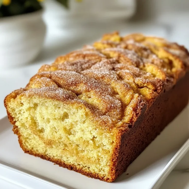 Cinnamon Spice Snickerdoodle Bread uses a few key ingredients. Each one plays an important role in the flavor and texture. Here’s what you need: - 2 cups all-purpose flour - 1 teaspoon baking powder - 1/2 teaspoon baking soda - 1/4 teaspoon salt - 1 tablespoon ground cinnamon - 1/2 teaspoon ground nutmeg - 1/2 cup unsalted butter, softened - 1 cup granulated sugar - 2 large eggs - 1 teaspoon vanilla extract - 1/2 cup sour cream - 1/2 cup light brown sugar These ingredients combine to create a soft, moist bread with warm, spicy notes. You can customize your bread with fun toppings and add-ins. Here are some ideas: - Chopped nuts like pecans or walnuts - Chocolate chips for a sweet twist - A sprinkle of extra cinnamon sugar on top - A drizzle of caramel sauce or icing for sweetness These options can enhance the flavor and make your bread even more delightful. Sometimes you may need to make swaps. Here are some easy substitutions: - Use Greek yogurt instead of sour cream for a tangy taste. - Swap granulated sugar with coconut sugar for a different flavor. - If you need a gluten-free option, try using a gluten-free flour blend. These swaps work well and still keep the bread delicious. {{ingredient_image_2}} First, preheat your oven to 350°F (175°C). This step warms the oven and helps the bread bake evenly. Next, grab a 9x5-inch loaf pan. Grease it with butter or non-stick spray. This makes it easy to remove the bread later. In a medium bowl, whisk together the dry ingredients. Combine 2 cups of all-purpose flour, 1 teaspoon of baking powder, 1/2 teaspoon of baking soda, and 1/4 teaspoon of salt. Then, add 1 tablespoon of ground cinnamon and 1/2 teaspoon of ground nutmeg. Mix until everything blends well. Set this aside for later. In a large bowl, use an electric mixer to cream 1/2 cup of softened unsalted butter and 1 cup of granulated sugar. Beat this mixture on medium speed for 2-3 minutes. You want it to look light and fluffy. This creates a great base for your bread. Now, add 2 large eggs, one at a time. Make sure to mix well after each egg. Then, pour in 1 teaspoon of vanilla extract. Mix until just combined. This adds flavor to your bread. Next, gently fold in 1/2 cup of sour cream. Make sure the batter becomes smooth and creamy. Look out for any lumps. A smooth batter makes your bread soft and moist. Now, slowly fold the dry ingredients into the wet mixture. Stir gently until just combined. Avoid overmixing, as this could make the bread dense. You want to see no flour streaks in your batter. Pour half of the batter into your greased loaf pan. Then, sprinkle half of 1/2 cup of packed light brown sugar on top. Carefully add the rest of the batter, followed by the remaining brown sugar. For extra flavor, finish with a sprinkle of ground cinnamon. Place the loaf pan in the preheated oven. Bake for 50-60 minutes. A toothpick inserted in the center should come out clean. If the top gets too brown, cover it with foil. This helps prevent burning. Once baked, take the bread out of the oven. Let it cool in the pan for about 10 minutes. Then, transfer it to a wire rack to cool completely. Once cooled, slice it into neat pieces. Enjoy warm or at room temperature! To make your snickerdoodle bread moist, use room temperature ingredients. This includes butter, eggs, and sour cream. Mixing these well helps the bread rise and keeps it fluffy. Also, be sure to measure your flour correctly. Too much flour can lead to dryness. Use the spoon-and-level method to avoid this mistake. Mixing your batter too much can make the bread tough. Once you combine the wet and dry ingredients, stop mixing as soon as no flour streaks remain. Gently fold the batter instead of stirring vigorously. This keeps air in your batter, making it soft and light. Baking times can vary by oven. Start checking your bread at the 50-minute mark. Insert a toothpick in the center. If it comes out clean, your bread is done. If the top gets too brown, cover it with foil to prevent burning. Each oven is different, so adjust as needed. To keep your snickerdoodle bread fresh, wrap it tightly in plastic wrap or foil. Store it at room temperature for up to three days. You can also freeze it for up to three months. When you want to enjoy it, just thaw it at room temperature or warm it in the oven for a few minutes. Pro Tips Use Room Temperature Ingredients: Make sure your butter, eggs, and sour cream are at room temperature. This helps create a smoother batter and better texture in the finished bread. Don’t Overmix: When combining the dry and wet ingredients, mix just until combined. Overmixing can lead to dense and tough bread. Check for Doneness: Use a toothpick or skewer to check if the bread is done. It should come out clean or with a few moist crumbs, but no wet batter. Storage Tips: Store leftover bread in an airtight container at room temperature for up to 3 days, or freeze for longer storage. Just make sure to wrap it well to prevent freezer burn. {{image_4}} You can easily add nuts or chocolate chips to your snickerdoodle bread. Walnuts or pecans bring a nice crunch. Chocolate chips add a sweet surprise. Just fold in about 1/2 cup of your choice into the batter. This makes each bite more exciting. The warm bread with melted chocolate is a treat you will love. If you want a healthier version, swap some ingredients. Use whole wheat flour instead of all-purpose flour. You can also replace granulated sugar with coconut sugar. This change adds a nice caramel flavor. For a dairy-free option, use almond milk instead of sour cream. These swaps will make your bread healthier but still tasty. To make this bread gluten-free, use a gluten-free flour blend. Ensure it has a good mix of flours. You can use almond flour or oat flour for a different taste. Add a bit of xanthan gum to help the texture. This way, everyone can enjoy this warm and comforting treat. To keep your bread fresh, wrap it tightly in plastic wrap. Place it in an airtight container. This helps keep moisture in and air out. Store it at room temperature for up to three days. If you want it to last longer, the fridge is not the best choice. It can make the bread dry. Instead, if you need to store it longer, freeze it. To freeze your snickerdoodle bread, first let it cool completely. Then, slice the bread into pieces. Wrap each slice in plastic wrap. For extra protection, place the slices in a freezer bag. Be sure to remove as much air as possible. You can freeze it for up to three months. When you are ready to enjoy it, simply thaw it in the fridge overnight. To reheat your snickerdoodle bread, preheat your oven to 350°F (175°C). Place the slices on a baking sheet. Heat them for about 10 minutes or until warm. You can also microwave a slice for 15 to 20 seconds. Just be careful not to overheat it, as it can become tough. For an extra treat, top it with butter or a sprinkle of cinnamon sugar before serving! If you don’t have sour cream, don’t worry! You can use plain yogurt instead. Yogurt will give your bread a similar texture and tang. You can also use buttermilk. Both options work well in this recipe. Yes, you can! You can swap granulated sugar for coconut sugar or even maple sugar. Each type of sugar adds a unique flavor. Just keep in mind, different sugars may change the bread's sweetness and texture slightly. You can check if the bread is done by using a toothpick. Insert it into the center of the loaf. If it comes out clean, the bread is ready. If it has wet batter on it, bake it a little longer. Yes, this recipe can be doubled easily! Just use a larger bowl and a bigger pan. You may need to bake it a bit longer if you double the amount. Keep an eye on it while it bakes to get the best results. In this blog post, we explored the key ingredients and steps for making delicious Cinnamon Spice Snickerdoodle Bread. We covered baking tips and possible variations like gluten-free options. You learned how to store and reheat your bread for the best taste. Remember, baking is all about having fun and trying new things. Embrace your creativity in the kitchen. Enjoy sharing this tasty treat with friends and family!