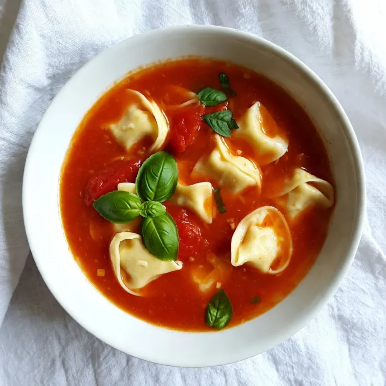 To make creamy tomato tortellini soup, you need simple yet flavorful ingredients. Here’s what you will need: - 1 tablespoon olive oil - 1 medium onion, finely diced - 3 cloves garlic, minced - 1 can (28 ounces) crushed tomatoes, preferably San Marzano - 4 cups vegetable broth, low-sodium preferred - 1 teaspoon dried basil - 1 teaspoon dried oregano - 1/2 teaspoon red pepper flakes (or to taste for desired spice level) - Salt and freshly ground black pepper, to taste - 9 ounces cheese tortellini (fresh or frozen) - 1 cup heavy cream (or substitute with coconut cream for a dairy-free version) - Fresh basil leaves, for garnish Each ingredient plays a key role in building flavor and creaminess. The olive oil provides a rich base. Onion and garlic add depth to the soup. Crushed tomatoes bring sweetness and acidity, while vegetable broth enhances the soup's heartiness. Dried herbs like basil and oregano give a classic taste. Red pepper flakes add a nice kick but feel free to adjust to your liking. Cheese tortellini makes this dish filling and fun. Finally, heavy cream creates that smooth texture we love, and fresh basil on top adds a pop of color and freshness. Gather these ingredients before you start cooking. It makes the process easier and more enjoyable! {{ingredient_image_2}} 1. Sauté the onion and garlic Start by heating 1 tablespoon of olive oil in a large pot over medium heat. Add 1 medium onion, finely diced, and cook for about 5 minutes. Stir it until the onion softens and turns clear. Next, add 3 cloves of minced garlic. Cook for 1 minute until it smells great. 2. Combine tomatoes and broth Pour in 1 can of crushed tomatoes, about 28 ounces. Then add 4 cups of low-sodium vegetable broth. Stir everything together so it mixes well. 3. Add herbs and spices Sprinkle in 1 teaspoon of dried basil, 1 teaspoon of dried oregano, and 1/2 teaspoon of red pepper flakes. Don't forget to season with salt and freshly ground black pepper to taste. Turn the heat up to bring the mix to a gentle boil. 4. Simmer to develop flavors Once boiling, lower the heat. Let the soup simmer uncovered for 10 minutes. This helps all the flavors come together nicely. 1. Incorporate cheese tortellini Now, add 9 ounces of cheese tortellini to the pot. Cook them according to the package instructions, usually about 5-7 minutes, until they are tender and just right. 2. Stir in heavy cream Lower the heat again and slowly mix in 1 cup of heavy cream. Stir gently until the soup looks creamy and smooth. 3. Final adjustments and serving Let the soup simmer for another 2-3 minutes. Taste it and adjust the seasoning if needed. Serve hot in bowls and top with fresh basil leaves for a lovely finish. - Selecting quality ingredients: Start with the best ingredients. Choose fresh herbs if you can. Look for ripe tomatoes. San Marzano tomatoes are my favorite for soups. Fresh tortellini adds a nice touch. If using frozen, check for quality brands. - How to avoid overcooking tortellini: Timing is key for tortellini. Add it to the soup when it’s nearly done cooking. Follow package instructions closely. Taste a piece to check doneness. You want them tender but still firm, not mushy. - Using fresh herbs vs. dried: Fresh herbs bring brighter flavors. Use them at the end for the best taste. Dried herbs are great for cooking, too. They are handy and still add good flavor. I often mix both for a richer taste. - Adjusting spice levels: Spice it up to your liking. Red pepper flakes can be added slowly. Start with a little, then taste. If you love heat, feel free to add more. Balance is key, so adjust carefully to find your perfect spice level. Pro Tips Use Quality Tomatoes: Opt for San Marzano tomatoes for a richer, sweeter flavor that enhances the overall taste of your soup. Adjust Creaminess: For a lighter version, reduce the amount of heavy cream or substitute it with a splash of milk or plant-based cream. Flavor Boost: Add a splash of balsamic vinegar or a pinch of sugar if the soup tastes too acidic; it helps balance the flavors. Perfect Tortellini: Ensure not to overcook the tortellini; they should be tender yet firm to the bite for the best texture in your soup. {{image_4}} You can easily make this soup dairy-free. Just swap the heavy cream for coconut cream. Coconut cream adds a rich flavor and keeps the soup creamy. It also gives a hint of sweetness that pairs well with tomatoes. Want to add some protein? You can mix in cooked chicken or beans. Cooked chicken makes the soup heartier. Beans like cannellini or chickpeas add fiber and nutrition. Both options work well with the creamy tomato base. Boost the veggie content by adding spinach or kale. These greens add color and nutrients. Toss in a handful during the last few minutes of cooking. This way, they stay bright and fresh. Enjoy the extra flavor and health benefits! To keep your creamy tomato tortellini soup fresh, follow these steps: - Let the soup cool down to room temperature. - Transfer it to an airtight container. - Store in the fridge for up to three days. This way, you can enjoy your soup later without losing flavor. If you want to save some soup for later, freezing is a great option: - Use a freezer-safe container or freezer bags. - Leave some space at the top for expansion. - Freeze for up to three months. When you're ready to eat it, just thaw it in the fridge overnight. Reheating your soup is simple. You can use either the microwave or the stovetop: - Microwave: Pour soup into a microwave-safe bowl. Heat for 2-3 minutes, stirring halfway. - Stovetop: Place soup in a pot over medium heat. Stir often until it's warm. Both methods work well. Just make sure it’s hot all the way through before serving! Can I use homemade broth? Yes, you can use homemade broth. It adds a great flavor. Just use low-sodium broth if you can. This keeps the salt level in check. How long does tortellini take to cook? Tortellini cooks in about 5 to 7 minutes. Check the package for exact times. You want them tender but firm, or al dente. What can I substitute for heavy cream? If you need a substitute for heavy cream, use coconut cream. It gives a nice, creamy texture. You can also use cashew cream for a nutty flavor. Is this soup gluten-free? The soup is not gluten-free if you use regular tortellini. However, you can find gluten-free tortellini at many stores. Just check the labels to be sure. This blog post explored making a delicious soup with simple ingredients like olive oil, onions, and garlic. We covered each step, from sautéing to serving. I shared tips on using fresh herbs and avoiding overcooking the tortellini. You learned about variations, like dairy-free or protein additions. Lastly, we discussed storage and reheating methods. Making soup at home can be fun and rewarding. Enjoy experimenting with flavors to suit your taste!