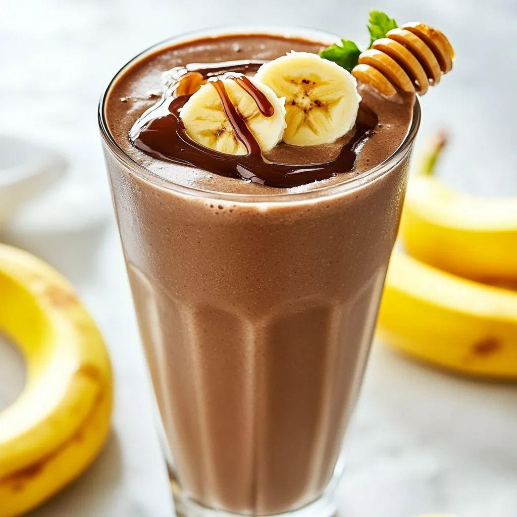 - 1 medium ripe banana, frozen for optimal creaminess - 2 tablespoons creamy natural peanut butter - 1 cup unsweetened almond milk (or any milk of your choice) - 1 tablespoon unsweetened cocoa powder for a rich chocolate flavor - 1 tablespoon honey or maple syrup (optional, adjust for sweetness) - 1/2 teaspoon pure vanilla extract for depth of flavor - A handful of ice cubes (optional for a thicker texture) You can switch the banana for any other frozen fruit, like mango or berries. Use any nut butter if you want a different taste. Cow's milk or oat milk works well instead of almond milk. If you dislike cocoa powder, use chocolate protein powder for a twist. For sweetness, agave syrup is a great option. Pick bananas that are yellow with some brown spots. This shows they are ripe and sweet. When choosing almond milk, look for unsweetened varieties to control sugar. Check the peanut butter for no added sugars or oils. Always try to use fresh vanilla extract for the best flavor. {{ingredient_image_2}} To start, grab your frozen banana. This banana adds a smooth, creamy texture. Peel it carefully and break it into smaller pieces. This helps the blender mix everything well. Next, gather all your ingredients. You will need creamy peanut butter, almond milk, cocoa powder, honey or maple syrup, and vanilla extract. Now, place your banana chunks in the blender. Add in the peanut butter, almond milk, cocoa powder, and vanilla extract. If you want a sweeter taste, add honey or maple syrup now. For a thick smoothie, toss in some ice cubes. Blend on high speed until all the ingredients mix. You want a smooth, creamy mix. After blending, check the texture. If it feels too thick, add a little more almond milk. Blend again until smooth. Take a sip to test the sweetness. If you want it sweeter, add more honey or maple syrup. Blend once more if you add anything. Finally, pour your smoothie into a chilled glass. Enjoy it right away for the best taste! To make your smoothie super creamy, always use a frozen banana. The coldness adds a nice texture. Break the frozen banana into small pieces before blending. This step helps blend everything smoothly. If you want it thicker, add ice cubes. They make the smoothie frosty and fun! Want to boost the flavor? Try adding a pinch of salt. It makes the chocolate taste richer. Also, use pure vanilla extract. This adds depth and warmth to your smoothie. If you love sweetness, you can add more honey or maple syrup. Just taste it as you go! For a fancy touch, serve your smoothie in a chilled glass. This keeps it cold longer. You can add a slice of banana or a drizzle of peanut butter on top for style. A sprinkle of cocoa powder also looks nice. Enjoy your delicious drink with a friend or keep it just for you! Pro Tips Use a Ripe Banana: The riper the banana, the sweeter and creamier your smoothie will be. Look for bananas with brown spots for the best flavor. Chill Your Glass: Pouring your smoothie into a chilled glass keeps it cold longer, enhancing your drinking experience. Experiment with Milk Alternatives: While almond milk is great, try using oat milk or coconut milk for different flavor profiles and creaminess. Add Superfoods: Boost your smoothie with extras like chia seeds, flaxseeds, or spinach for added nutrition without sacrificing flavor. {{image_4}} You can make this smoothie even better with fun add-ins. Here are some ideas: - Spinach: Add a handful for extra vitamins and minerals. You won’t taste it! - Chia seeds: Toss in one tablespoon for fiber and healthy fats. - Protein powder: Use a scoop to make it a filling meal. Choose your favorite flavor. - Oats: Add 1/4 cup for more energy and fiber. This will keep you full longer. Feeling adventurous? Try these flavor twists: - Berry Blast: Swap the banana for mixed berries. This gives a nice tartness. - Minty Fresh: Add a few fresh mint leaves. It adds a cool taste to your drink. - Coffee Kick: Mix in a shot of espresso for a morning boost. It pairs well with chocolate. - Tropical Delight: Use pineapple instead of banana. It gives a sunny, sweet flavor. If you want a dairy-free or vegan smoothie, follow these tips: - Milk: Use almond milk or coconut milk for a creamy base. Both are great choices. - Sweetener: Use maple syrup or agave nectar instead of honey. This keeps it vegan-friendly. - Peanut Butter: Choose a brand with no added sugar or oils. Look for natural options for the best taste. These variations help you make the smoothie your own. Enjoy exploring new flavors! If you have leftover smoothie, pour it into a jar. Seal the jar tightly. Store it in the fridge for up to 24 hours. To enjoy it later, shake the jar well before drinking. The smoothie may separate, but that's normal. You can freeze this smoothie if you want to save it longer. Pour the smoothie into ice cube trays or freezer-safe bags. This way, you can use it later. To enjoy, blend the frozen cubes with a splash of milk. It will create a refreshing treat. The shelf life of this smoothie is short. For the best flavor and texture, drink it right away. If stored in the fridge, consume it within one day. Freezing extends the life up to three months. Enjoy the flavor while it’s fresh! Yes, you can add other fruits. Berries like strawberries, blueberries, or raspberries work well. You could also try mango or peach for a different taste. Just keep the banana for creaminess. Each fruit adds its own flavor and nutrition. Experiment to find your favorite mix! A Chocolate Peanut Butter Banana Smoothie has about 300 to 400 calories. This depends on the type and amount of milk you use. If you add honey or maple syrup, it will increase the calories. Using unsweetened almond milk keeps it lighter. It’s a great snack or meal option! Yes, this smoothie is great for meal prep. You can make a large batch and store it in the fridge. Just keep it in a sealed jar for up to 24 hours. If it thickens, blend it again with a splash of milk. You can also freeze portions for later use! This post covered how to create a great smoothie. We explored key ingredients and their substitutes. I shared tips for choosing fresh options. You learned step-by-step how to prepare and blend your smoothie. I provided tricks for creaminess and flavor. We also looked at fun variations and storage tips. In summary, making a smoothie can be simple and fun. Try different ingredients to find your best mix. Enjoy your tasty and nutritious drink!