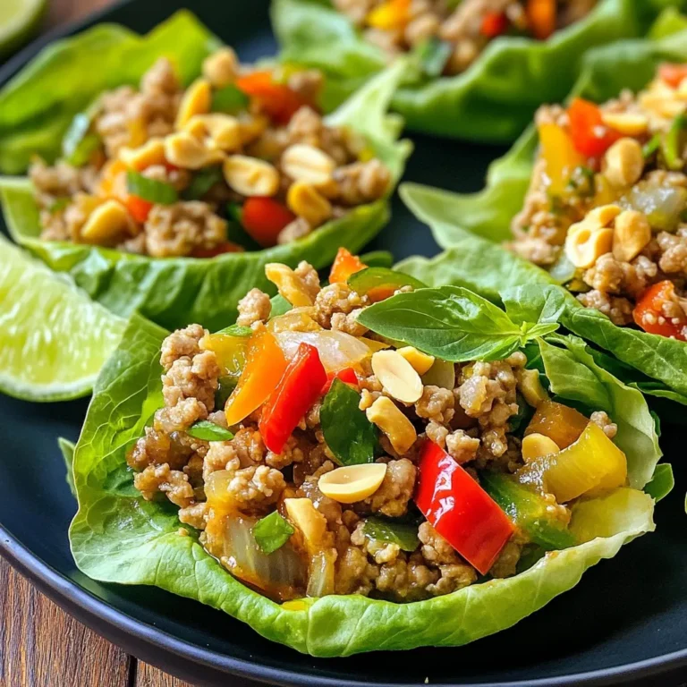 - 1 lb (450g) ground chicken - 1 tablespoon vegetable oil - 3 cloves garlic, minced - 1 small onion, finely chopped - 1 red bell pepper, diced - 2 tablespoons soy sauce - 1 tablespoon fish sauce - 1 teaspoon sugar - 1 teaspoon ground black pepper - 1 teaspoon sesame oil - 1 cup fresh Thai basil leaves, roughly chopped - 1 head of butter or romaine lettuce, leaves separated You need ground chicken for a rich flavor. It cooks fast and stays juicy. Use vegetable oil to sauté your aromatics. Garlic and onion bring a strong base taste. The red bell pepper adds sweetness and color. Soy sauce and fish sauce create depth in your dish. The sugar balances the saltiness. Black pepper adds a hint of spice. Sesame oil gives a nutty aroma. Fresh Thai basil is key for authentic flavor. Lettuce leaves serve as your cups. They are crunchy and light. - Chopped peanuts - Sliced chili - Lime wedges Garnishes can elevate your meal. Chopped peanuts add crunch and richness. Sliced chili gives heat for those who like it spicy. Lime wedges provide a fresh, zesty touch. These extras make your Thai Basil Chicken Lettuce Cups even better. {{ingredient_image_2}} - Heating the skillet: Start by heating 1 tablespoon of vegetable oil in a large skillet over medium heat. Wait until it shimmers; this shows it’s ready. - Sautéing garlic and onion: Next, add 3 cloves of minced garlic and 1 finely chopped small onion. Sauté for 2-3 minutes until the garlic smells great and the onion looks clear. - Cooking ground chicken: Raise the heat to medium-high and add 1 pound of ground chicken. Cook for 5-6 minutes, breaking it apart with a spatula. It should turn brown and be fully cooked. - Incorporating red bell pepper: Now, toss in 1 diced red bell pepper. Cook for another 2-3 minutes until the pepper is tender but still bright. - Mixing in sauces and seasonings: Carefully add 2 tablespoons of soy sauce, 1 tablespoon of fish sauce, 1 teaspoon of sugar, 1 teaspoon of ground black pepper, and 1 teaspoon of sesame oil. Stir well to coat everything in the sauce. - Folding in Thai basil: Finally, fold in 1 cup of roughly chopped fresh Thai basil leaves. Cook for another minute until the basil wilts. Remove the skillet from heat. - Spoon filling into lettuce leaves: Take a lettuce leaf and scoop a generous amount of the chicken mixture into the center. - Adding garnishes: If you like, sprinkle with chopped peanuts and add sliced chili on top for a bit of heat. Enjoy your fresh, light meal! To avoid dry chicken, use fresh ground chicken. Cook it until just browned. This keeps it juicy. Use medium-high heat for even cooking. Stir often to break apart the chicken. This helps it cook evenly. For a kick, add sliced chili to the mix. Start with one chili if you prefer mild. You can also add more fresh herbs like cilantro. This brightens the dish and adds depth. Arrange filled lettuce cups on a large platter. This makes a beautiful display for guests. Serve lime wedges on the side. Guests can squeeze lime juice for added flavor. Pair these cups with a light drink like iced tea. It balances the meal perfectly. Pro Tips Use Fresh Basil: Fresh Thai basil adds an authentic flavor to the dish. Be sure to use it just before serving to maintain its vibrant taste. Adjust Spice Level: For a milder dish, remove the chili seeds or omit them entirely. For more heat, add extra sliced chilies or a dash of hot sauce. Prep Ahead: You can prepare the chicken mixture ahead of time. Just reheat it before serving to save time during meal prep. Serving Suggestions: Serve with lime wedges for guests to squeeze over their lettuce cups for a refreshing burst of flavor that complements the dish. {{image_4}} You can change the meat in this dish. Ground turkey works well. It has a mild taste. You can also use tofu for a vegetarian option. Tofu absorbs flavors nicely, making it tasty. Using mushrooms is another great choice. They add a nice texture and umami flavor. If you need gluten-free options, try tamari sauce. It has a similar taste to soy sauce but is gluten-free. You can also switch up the flavors. Adding lime juice gives a fresh twist. For a sweeter sauce, add more sugar or honey. Feel free to swap the red bell pepper. Zucchini or carrots can add crunch and color. You might also add spinach or kale for extra greens. These options boost nutrition and taste without overpowering the dish. To store leftovers, place the chicken mixture in an airtight container. Make sure the lettuce cups stay separate to keep them crisp. Leftovers can last in the fridge for up to three days. When ready to eat, just spoon the chicken back into fresh lettuce leaves. For best results, freeze the chicken mixture without the lettuce. Store it in a freezer-safe bag or container. Remove as much air as possible to prevent freezer burn. The mixture can last up to two months in the freezer. When it's time to eat, thaw the chicken in the fridge overnight. Reheat it in a skillet over medium heat until it warms through. Then, assemble your lettuce cups fresh! Yes, you can make this recipe ahead of time. Cook the chicken mixture and let it cool. Store it in an airtight container in the fridge for up to three days. When you are ready to serve, just reheat it in a pan. Prepare the lettuce cups fresh for the best taste. Butter lettuce or romaine lettuce works great for this dish. Both types have sturdy leaves that hold the filling well. Butter lettuce is softer and has a nice crunch, while romaine is crisp and refreshing. Choose what you prefer! To spice things up, add sliced chili peppers to the chicken mixture. You can also serve fresh chili on the side. Another option is to drizzle some sriracha or chili sauce over the filled lettuce cups. Adjust the spice level to match your taste. While fresh Thai basil gives the best flavor, you can use dried as a substitute. However, the taste will be different. Use half the amount of dried basil compared to fresh. Add it earlier in the cooking process to allow the flavors to develop. These lettuce cups pair well with jasmine rice or quinoa. You can also serve a side of fresh fruit like mango or pineapple. A light cucumber salad adds a nice crunch too. Consider offering lime wedges to squeeze over the cups for added zest. This blog post covered a tasty Thai basil chicken recipe in lettuce cups. We explored essential ingredients, tasty tips, and fun variations. Keeping your chicken juicy and flavorful is key. You can switch proteins and sauces to match your taste. Remember to store leftovers wisely for later enjoyment. These cups offer a fresh twist on dinner. Enjoy making this dish for family and friends, and get creative with your garnishes! Most importantly, have fun in the kitchen!