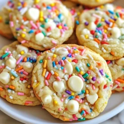 - 1 cup unsalted butter, softened - 1 cup granulated sugar - 1 cup packed light brown sugar - 2 large eggs, at room temperature - 1 teaspoon pure vanilla extract - 3 cups all-purpose flour - 1 teaspoon baking soda - 1/2 teaspoon fine sea salt - 1 cup rainbow sprinkles (plus extra for topping) - 1/2 cup white chocolate chips These ingredients come together to create the best Funfetti Birthday Cake Cookies. The butter gives a rich flavor. The mix of granulated and brown sugar makes them sweet and chewy. Room temperature eggs blend well, helping the dough form smoothly. I love using pure vanilla extract. It adds a lovely aroma and taste. The flour forms the base, while baking soda helps the cookies rise. Sea salt balances the sweetness. Rainbow sprinkles bring joy and color, making them perfect for any celebration. White chocolate chips add a creamy touch that pairs well with the sprinkles. You can add more sprinkles on top for extra fun. This combination makes these cookies a treat for kids and adults alike. With this list, you're ready to bake a batch of joy! {{ingredient_image_2}} - Preheat oven to 350&deg;F (175&deg;C). - Line a baking sheet with parchment paper. - In a bowl, mix softened butter with granulated and brown sugars. - Add two large eggs and one teaspoon of vanilla extract. Mix until smooth. - In another bowl, whisk three cups of flour, one teaspoon of baking soda, and half a teaspoon of salt. - Gradually add this dry mixture to the wet ingredients. Mix until no flour pockets remain. - Gently fold in one cup of rainbow sprinkles and half a cup of white chocolate chips. - Use a cookie scoop to portion dough onto the baking sheet, leaving space between each. - Bake for 10-12 minutes until edges turn golden brown. - Cool cookies on the baking sheet for five minutes, then transfer to a wire rack. To get the best texture, avoid over-mixing the dough. When you add the dry ingredients, mix just until no flour pockets are left. This keeps the cookies soft and tender. If you mix too much, the cookies can turn out tough. For chewy cookies, watch the baking time closely. Bake them for 10-12 minutes. The edges should be lightly golden, while the centers remain soft. If you like them a bit gooey, take them out a minute early. You can add fun toppings to make these cookies even better. Try using extra rainbow sprinkles on top before baking. For a twist, add mini chocolate chips or crushed nuts. These additions bring new flavors and textures. For presentation, serve the cookies on a bright plate. You can also stack them in a clear jar and tie it with a ribbon. This makes them look festive and ready for a party. Pro Tips Butter Temperature: Make sure your butter is softened to room temperature for optimal creaming, which helps achieve a light and fluffy cookie texture. Don&rsquo;t Overmix: When combining dry and wet ingredients, mix just until combined. Overmixing can lead to tough cookies. Chill the Dough: For thicker cookies, chill the dough for at least 30 minutes before baking. This helps prevent excessive spreading. Use Fresh Sprinkles: Ensure your rainbow sprinkles are fresh for the best color and texture. Old sprinkles may lose their vibrancy and crunch. {{image_4}} You can change up your Funfetti birthday cake cookies by adding fun mix-ins. Here are some ideas: - Different types of chocolate chips: Instead of white chocolate chips, try dark or milk chocolate chips. You can also use mini chips for a fun twist. - Nuts or dried fruits: Chopped nuts like walnuts or pecans add crunch. Dried fruits like cranberries or cherries give a nice sweetness. These add-ins make your cookies unique and fun. You can mix and match to find your favorite combo! Want to change the flavor of your cookies? Here are some great ideas: - Adding citrus zest or extracts: Mix in lemon or orange zest for a fresh twist. You can also use lemon or almond extract for a new taste. - Contrasting sprinkle colors for different themes: Use red and green sprinkles for holidays or pastel colors for baby showers. This adds a festive look to your cookies. These flavor combinations make your Funfetti cookies special for any occasion. Enjoy experimenting! To keep your Funfetti Birthday Cake Cookies fresh, store them in an airtight container. This helps prevent them from drying out. Place a piece of parchment paper between layers of cookies to keep them from sticking together. If you have a cookie jar, that works great too! For short-term storage, keep the cookies at room temperature. They will stay fresh for about 5-7 days. If you want to store them longer, consider freezing. To freeze raw cookie dough, scoop dough balls onto a baking sheet. Place them in the freezer until firm, about 1-2 hours. Once frozen, transfer the balls to a zip-top bag. Remove excess air and seal tightly. You can freeze the dough for up to 3 months. For baked cookies, let them cool completely first. Place them in a single layer in an airtight container or a zip-top bag. They can last in the freezer for up to 3 months as well. When you are ready to enjoy, thaw the dough in the fridge overnight. For baked cookies, leave them at room temperature for about 30 minutes. Enjoy your tasty treats! Can I use margarine instead of butter? Yes, you can use margarine. It will change the flavor a bit. Butter adds richness that margarine lacks. If you choose margarine, pick a stick form for best results. How do I make these cookies gluten-free? You can substitute all-purpose flour with a gluten-free blend. Make sure it has xanthan gum for structure. This will help keep your cookies soft and chewy. How long do these cookies stay fresh? These cookies stay fresh for about 5 days at room temperature. Store them in an airtight container. For longer freshness, keep them in the fridge. Why are my cookies spread too much? Cookies spread too much if the butter is too warm. Make sure your butter is softened, not melted. Also, check that you are using the right flour amount. What to do if the dough is too sticky? If your dough is sticky, add more flour, one tablespoon at a time. Chill the dough for 30 minutes. This makes it easier to scoop and shape. How can I make these cookies more festive? Add more sprinkles or use themed sprinkles for holidays. You can also drizzle melted chocolate on top. This adds color and more flavor. You now have a simple guide to make funfetti birthday cake cookies. We covered the ingredients, step-by-step instructions, and helpful tips. You learned how to tweak flavors and store your cookies. Baking these cookies is fun and easy. They add joy to any celebration. Keep this recipe close to make sweet memories. Enjoy your baking and share these treats with loved ones!