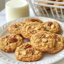For the best butterscotch pecan cookies, you need the following ingredients: - 1 cup unsalted butter, softened to room temperature - 1 cup packed brown sugar, light or dark - 1/2 cup granulated sugar - 2 large eggs, at room temperature - 1 teaspoon pure vanilla extract - 2 3/4 cups all-purpose flour - 1 teaspoon baking soda - 1/2 teaspoon fine sea salt - 1 cup butterscotch chips, for a creamy sweetness - 1 cup pecans, roughly chopped for a crunchy texture - 1 teaspoon ground cinnamon, adding warmth and flair These ingredients come together to create a rich, chewy cookie. The butter adds richness, while the sugars create that perfect sweet balance. Eggs help bind everything, giving the cookie a nice structure. Flour provides the base, while baking soda helps them rise. Butterscotch chips add sweetness and flavor, and chopped pecans bring a delightful crunch. Lastly, cinnamon warms up the taste, making each bite even better. Gathering these ingredients is the first step to making a delicious treat that everyone will love! {{ingredient_image_2}} - Preheat the oven to 350°F (175°C). - Line two baking sheets with parchment paper. - In a large bowl, mix the softened butter, brown sugar, and granulated sugar until fluffy. - Add the eggs, one at a time. Then, pour in the vanilla extract. - In another bowl, whisk together the all-purpose flour, baking soda, fine sea salt, and ground cinnamon. - Gradually mix the dry ingredients into the wet ingredients. Stir gently to combine. - Carefully fold in the butterscotch chips and chopped pecans. Make sure they are mixed evenly. - Scoop rounded portions of dough onto the prepared baking sheets. Leave about 2 inches between each cookie. - Place the sheets in the oven and bake for 10-12 minutes. The edges should be golden brown. The centers should stay soft. - After baking, let the cookies cool on the sheets for 5 minutes. Then transfer them to a wire rack to cool completely. To avoid tough cookies, mix the dough gently. Overmixing can lead to a chewy texture, which is not ideal for butterscotch pecan cookies. When adding dry ingredients, stir until just combined. This keeps your cookies soft and tender. To maintain soft centers, remove the cookies when the edges are golden, but the middle looks slightly underbaked. This ensures they stay chewy. Let them cool on the baking sheet for a few minutes to set. You can add spices like nutmeg or clove. These spices bring warmth and a unique twist to the cookies. Just a small amount can make a big difference in flavor. Experiment with different nuts too. While pecans add crunch, walnuts or almonds can provide a fun change. Each nut offers its own taste and texture, making your cookies special. For a creative display, arrange the cookies on a decorative platter. You can sprinkle extra chopped pecans and butterscotch chips on top for a nice touch. This makes them look even more appealing. Pair your cookies with a tall glass of cold milk. The cold milk complements the warm cookies. It creates a delightful snack that everyone will love! Pro Tips Use Room Temperature Ingredients: Ensure your butter and eggs are at room temperature for better emulsification, resulting in a smoother dough and ultimately a better texture in your cookies. Don’t Overmix the Dough: When combining dry and wet ingredients, mix just until combined. Overmixing can lead to tough cookies, so be gentle! Chill the Dough: For an extra chewy texture, consider chilling the dough for at least 30 minutes before baking. This helps to prevent spreading and enhances flavor. Check for Doneness: Bake until the edges are golden but the centers are slightly underbaked. They will continue to cook on the baking sheet after removal from the oven. {{image_4}} You can make a fun twist on the classic cookie. Just swap some butterscotch chips for chocolate chips. This adds a rich, creamy taste. You still keep the crunch from the pecans. The mix of flavors will surprise your taste buds. Want to make these cookies gluten-free? Simply use a gluten-free flour blend. Many blends work well in cookies. Look for one that has a good texture. This way, you can enjoy the same great taste without the gluten. You can easily make these cookies vegan. Replace the eggs with flaxseed meal or applesauce. Use a plant-based butter instead of regular butter. This way, everyone can enjoy these sweet treats. The flavor stays rich and delicious, just like the original recipe. To keep your butterscotch pecan cookies fresh, store them properly. You can keep them at room temperature or in the fridge. - Room Temperature: Place them in an airtight container. This keeps them soft for up to a week. - Refrigerated Storage: For longer freshness, store them in the fridge. They will last about two weeks this way. You can freeze these cookies for later enjoyment. Freezing keeps their taste and texture intact. Here’s how to do it: 1. Cool Completely: Let your cookies cool on a wire rack first. 2. Wrap Properly: Place them in a single layer in a freezer bag. Seal it tightly to prevent air. 3. Label and Date: Write the date on the bag. This helps you keep track of freshness. When you want some, just take them out. Let them thaw at room temperature for a few hours. These cookies can stay fresh for a while. - At Room Temperature: Expect them to last about a week. - In the Fridge: They can last up to two weeks. - Frozen: Properly frozen cookies can last up to three months. Enjoy your butterscotch pecan cookies any time! Yes, you can use salted butter. It will add more saltiness to the cookies. This can change the taste, making it richer. If you use salted butter, skip the added salt in the recipe. This will keep the balance of flavors just right. Unsalted butter is best for precise control over salt levels. If you don’t have butterscotch chips, try chocolate chips. They add a sweet, rich flavor. You can also use toffee bits for a crunchy twist. Peanut butter chips are another fun option. Each choice will change the taste a bit, but they all work well. Mix and match to find what you love best! Check the edges of the cookies. They should be golden brown. The centers may look soft and slightly underbaked. This gives a chewy texture, which is perfect. Let them cool a bit on the baking sheet. They will firm up as they cool. If they look too dry or dark, they are likely overbaked. This blog post covered all the key steps to make delicious butterscotch pecan cookies. We explored the ingredients, baking tips, variations, and storage methods. With the right techniques, you can enjoy soft, chewy cookies any time. Don't hesitate to try new flavors or store them for later. Baking can be fun, and these cookies will surely impress anyone who tries them. Enjoy your next baking adventure!