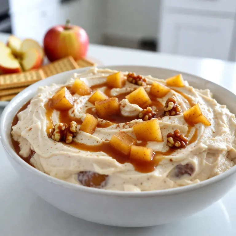 - 8 oz cream cheese, softened to room temperature - 1/2 cup powdered sugar - 1 teaspoon pure vanilla extract - 1 cup plain Greek yogurt - 1/2 cup caramel sauce, plus an extra drizzle for garnish - 1 medium apple, diced (Granny Smith or Honeycrisp recommended for tartness) - 1/2 teaspoon ground cinnamon - 1/4 cup chopped walnuts or pecans (optional, for added crunch) - Sliced apples and graham crackers for serving If you want to switch things up, here are some ideas: - Use mascarpone cheese instead of cream cheese for a richer taste. - Swap powdered sugar with maple syrup for a natural sweetener. - Try flavored Greek yogurt, like vanilla or caramel, for added depth. - Substitute caramel sauce with chocolate sauce for a different flavor. - Choose nut butter for a creamy, nutty twist instead of walnuts or pecans. Using high-quality ingredients makes a big difference: - Select fresh cream cheese for the best texture and flavor. - Choose organic apples for better taste and fewer pesticides. - Use pure vanilla extract instead of imitation for a richer flavor profile. - Freshly made caramel sauce adds a homemade touch and deep flavor. - Opt for raw or lightly roasted nuts for added crunch and nutrition. This blend of ingredients creates a rich and creamy dip that's perfect for sharing. {{ingredient_image_2}} Start with 8 ounces of cream cheese. Make sure it is soft. Place it in a large bowl. Use a hand mixer to beat the cream cheese. Mix until it’s smooth and creamy. You want to get rid of all lumps. Next, add in 1/2 cup of powdered sugar. Pour in 1 teaspoon of pure vanilla extract. Mix again until these ingredients are well combined. The dip should be light and fluffy at this point. Now, gently fold in 1 cup of plain Greek yogurt. Make sure it blends well with the cream cheese. Avoid lumps for a smooth dip. Then, stir in 1/2 cup of caramel sauce. Mix until the caramel is evenly spread throughout the mixture. This adds a sweet flavor that pairs well with the cream cheese. Next, add in 1 medium diced apple. I suggest using Granny Smith or Honeycrisp for tartness. Add 1/2 teaspoon of ground cinnamon too. Fold these in gently to keep the apple pieces intact. If you like crunch, mix in 1/4 cup of chopped walnuts or pecans. Once everything is well combined, transfer the dip to a serving bowl. For a nice touch, drizzle more caramel sauce on top. This adds both flavor and a pretty look. Serve the dip right away with sliced apples and graham crackers. This mix of flavors and textures makes for a truly delightful treat! To get the best creamy texture, use softened cream cheese. This step is key. Beat it with a hand mixer until smooth. Mixing in powdered sugar and vanilla helps, too. When you add Greek yogurt, fold it in gently. This keeps your dip silky and smooth. Avoid lumps by mixing well at each step. Choose a tart apple like Granny Smith or Honeycrisp. These apples add a nice zing. Wash the apple first for freshness. Slice it in half, then remove the core. Cut the apple into quarters and then dice. Aim for uniform pieces. This ensures even flavor in the dip and makes it look great. For a richer flavor, add a sprinkle of ground cinnamon. It boosts the overall taste. If you like crunch, toss in chopped walnuts or pecans. They add texture and a nice nutty flavor. For extra sweetness, drizzle more caramel on top before serving. These simple steps make your dip shine even more! Pro Tips Choose the Right Apples: Use tart apples like Granny Smith or Honeycrisp to balance the sweetness of the dip and add a refreshing crunch. Make It Ahead: Prepare the dip a few hours in advance and store it in the refrigerator. This allows the flavors to meld together beautifully. Add a Twist: Experiment with different flavored yogurt, such as vanilla or cinnamon, for an extra layer of flavor in your dip. Garnish for Presentation: Drizzle additional caramel sauce and sprinkle some cinnamon on top before serving to enhance the visual appeal of the dip. {{image_4}} You can change the flavor of this dip easily. Try adding peanut butter for a nutty twist. Swap in chocolate syrup instead of caramel for a sweeter treat. For a spicy kick, mix in a pinch of cayenne or chili powder. You can also use different fruits like pears or berries. Each option gives a new taste to enjoy. To make this dip gluten-free, use gluten-free graham crackers. For a vegan version, replace cream cheese with a plant-based cream cheese. Use maple syrup as a sweetener instead of powdered sugar. Swap Greek yogurt for a non-dairy yogurt to keep it creamy. These changes make it friendly for many diets. If you need to serve more people, you can double the recipe. Just keep the same steps to mix the ingredients. For smaller gatherings, cut the amounts in half. This dip is easy to scale up or down based on your needs. Adjust the serving snacks too, using more or fewer apple slices and crackers. To keep your Caramel Apple Cheesecake Dip fresh, place it in an airtight container. Make sure to seal it well. Store it in the fridge for up to three days. If you have extra caramel, keep it in a separate container for easy drizzling later. This dip is best served cold. However, if you want it warm, you can gently heat it. Use a microwave-safe bowl and warm it in short bursts. Stir after each burst to avoid hot spots. Be careful not to overheat it, as this can change the texture. Freezing this dip is not recommended. The cream cheese and yogurt may change texture when thawed. If you must freeze it, place it in an airtight container. Use it within one month. When ready to eat, thaw it in the fridge overnight. Stir well before serving to restore its creamy texture. Yes, you can make this dip ahead of time. It tastes great when chilled. Prepare it and store it in the fridge for up to two days. Just cover it well to keep it fresh. Before serving, stir it gently to restore its creamy texture. This way, you save time during your gathering. Granny Smith or Honeycrisp apples are the best choices. Granny Smith adds a nice tartness, while Honeycrisp brings sweetness and crunch. Both types hold their shape well in the dip. You can even mix both for a fun flavor twist. You can serve this dip with sliced apples and graham crackers. The apples add freshness, while the crackers give a nice crunch. If you're feeling adventurous, try pretzel sticks or vanilla wafers too. They all pair well with the creamy dip and sweet caramel. This blog post covered all the key points for making a great Caramel Apple Cheesecake Dip. You learned about the essential ingredients, how to prepare them, and tips for achieving the perfect texture. We explored variations to suit your taste and dietary needs, plus how to store any leftovers. Remember, making this dip is fun and easy. Get creative with flavors and enjoy it with friends. Your next get-together will impress everyone with this delicious treat!