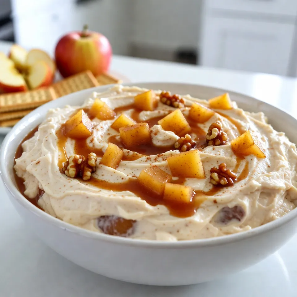 - 8 oz cream cheese, softened to room temperature - 1/2 cup powdered sugar - 1 teaspoon pure vanilla extract - 1 cup plain Greek yogurt - 1/2 cup caramel sauce, plus an extra drizzle for garnish - 1 medium apple, diced (Granny Smith or Honeycrisp recommended for tartness) - 1/2 teaspoon ground cinnamon - 1/4 cup chopped walnuts or pecans (optional, for added crunch) - Sliced apples and graham crackers for serving If you want to switch things up, here are some ideas: - Use mascarpone cheese instead of cream cheese for a richer taste. - Swap powdered sugar with maple syrup for a natural sweetener. - Try flavored Greek yogurt, like vanilla or caramel, for added depth. - Substitute caramel sauce with chocolate sauce for a different flavor. - Choose nut butter for a creamy, nutty twist instead of walnuts or pecans. Using high-quality ingredients makes a big difference: - Select fresh cream cheese for the best texture and flavor. - Choose organic apples for better taste and fewer pesticides. - Use pure vanilla extract instead of imitation for a richer flavor profile. - Freshly made caramel sauce adds a homemade touch and deep flavor. - Opt for raw or lightly roasted nuts for added crunch and nutrition. This blend of ingredients creates a rich and creamy dip that's perfect for sharing. {{ingredient_image_2}} Start with 8 ounces of cream cheese. Make sure it is soft. Place it in a large bowl. Use a hand mixer to beat the cream cheese. Mix until it’s smooth and creamy. You want to get rid of all lumps. Next, add in 1/2 cup of powdered sugar. Pour in 1 teaspoon of pure vanilla extract. Mix again until these ingredients are well combined. The dip should be light and fluffy at this point. Now, gently fold in 1 cup of plain Greek yogurt. Make sure it blends well with the cream cheese. Avoid lumps for a smooth dip. Then, stir in 1/2 cup of caramel sauce. Mix until the caramel is evenly spread throughout the mixture. This adds a sweet flavor that pairs well with the cream cheese. Next, add in 1 medium diced apple. I suggest using Granny Smith or Honeycrisp for tartness. Add 1/2 teaspoon of ground cinnamon too. Fold these in gently to keep the apple pieces intact. If you like crunch, mix in 1/4 cup of chopped walnuts or pecans. Once everything is well combined, transfer the dip to a serving bowl. For a nice touch, drizzle more caramel sauce on top. This adds both flavor and a pretty look. Serve the dip right away with sliced apples and graham crackers. This mix of flavors and textures makes for a truly delightful treat! To get the best creamy texture, use softened cream cheese. This step is key. Beat it with a hand mixer until smooth. Mixing in powdered sugar and vanilla helps, too. When you add Greek yogurt, fold it in gently. This keeps your dip silky and smooth. Avoid lumps by mixing well at each step. Choose a tart apple like Granny Smith or Honeycrisp. These apples add a nice zing. Wash the apple first for freshness. Slice it in half, then remove the core. Cut the apple into quarters and then dice. Aim for uniform pieces. This ensures even flavor in the dip and makes it look great. For a richer flavor, add a sprinkle of ground cinnamon. It boosts the overall taste. If you like crunch, toss in chopped walnuts or pecans. They add texture and a nice nutty flavor. For extra sweetness, drizzle more caramel on top before serving. These simple steps make your dip shine even more! Pro Tips Choose the Right Apples: Use tart apples like Granny Smith or Honeycrisp to balance the sweetness of the dip and add a refreshing crunch. Make It Ahead: Prepare the dip a few hours in advance and store it in the refrigerator. This allows the flavors to meld together beautifully. Add a Twist: Experiment with different flavored yogurt, such as vanilla or cinnamon, for an extra layer of flavor in your dip. Garnish for Presentation: Drizzle additional caramel sauce and sprinkle some cinnamon on top before serving to enhance the visual appeal of the dip. {{image_4}} You can change the flavor of this dip easily. Try adding peanut butter for a nutty twist. Swap in chocolate syrup instead of caramel for a sweeter treat. For a spicy kick, mix in a pinch of cayenne or chili powder. You can also use different fruits like pears or berries. Each option gives a new taste to enjoy. To make this dip gluten-free, use gluten-free graham crackers. For a vegan version, replace cream cheese with a plant-based cream cheese. Use maple syrup as a sweetener instead of powdered sugar. Swap Greek yogurt for a non-dairy yogurt to keep it creamy. These changes make it friendly for many diets. If you need to serve more people, you can double the recipe. Just keep the same steps to mix the ingredients. For smaller gatherings, cut the amounts in half. This dip is easy to scale up or down based on your needs. Adjust the serving snacks too, using more or fewer apple slices and crackers. To keep your Caramel Apple Cheesecake Dip fresh, place it in an airtight container. Make sure to seal it well. Store it in the fridge for up to three days. If you have extra caramel, keep it in a separate container for easy drizzling later. This dip is best served cold. However, if you want it warm, you can gently heat it. Use a microwave-safe bowl and warm it in short bursts. Stir after each burst to avoid hot spots. Be careful not to overheat it, as this can change the texture. Freezing this dip is not recommended. The cream cheese and yogurt may change texture when thawed. If you must freeze it, place it in an airtight container. Use it within one month. When ready to eat, thaw it in the fridge overnight. Stir well before serving to restore its creamy texture. Yes, you can make this dip ahead of time. It tastes great when chilled. Prepare it and store it in the fridge for up to two days. Just cover it well to keep it fresh. Before serving, stir it gently to restore its creamy texture. This way, you save time during your gathering. Granny Smith or Honeycrisp apples are the best choices. Granny Smith adds a nice tartness, while Honeycrisp brings sweetness and crunch. Both types hold their shape well in the dip. You can even mix both for a fun flavor twist. You can serve this dip with sliced apples and graham crackers. The apples add freshness, while the crackers give a nice crunch. If you're feeling adventurous, try pretzel sticks or vanilla wafers too. They all pair well with the creamy dip and sweet caramel. This blog post covered all the key points for making a great Caramel Apple Cheesecake Dip. You learned about the essential ingredients, how to prepare them, and tips for achieving the perfect texture. We explored variations to suit your taste and dietary needs, plus how to store any leftovers. Remember, making this dip is fun and easy. Get creative with flavors and enjoy it with friends. Your next get-together will impress everyone with this delicious treat!