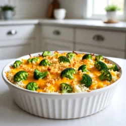 - 2 cups cooked rice (white or brown) - 1 large head of broccoli, chopped into small florets - 1 cup shredded cheddar cheese - 1 cup cream of mushroom soup - 1/2 cup milk - 1/2 cup onion, finely chopped - 1/2 teaspoon garlic powder - 1/2 teaspoon freshly ground black pepper - 1/4 teaspoon salt - 1/2 cup crispy breadcrumbs (optional, for a crunchy topping) - 2 tablespoons olive oil or butter, for saut&eacute;ing Gathering the right ingredients is key to making this dish shine. Start with two cups of cooked rice. You can use white or brown rice based on your preference. I love brown rice for its nutty flavor and texture. Next, grab a large head of broccoli and chop it into small florets. This will help the broccoli cook evenly and blend well with the other ingredients. Next, we need a cup of shredded cheddar cheese. This cheese melts beautifully and adds a creamy texture. You can also use a mix of cheeses if you want to experiment. Don&rsquo;t forget a cup of cream of mushroom soup. This adds richness and flavor. If you prefer a homemade version, you can make it from scratch. For liquid, we&rsquo;ll use half a cup of milk. It helps make the casserole creamy. You also need half a cup of finely chopped onion. The onion adds sweetness and depth. Now, let&rsquo;s talk about seasonings. You&rsquo;ll need half a teaspoon of garlic powder, half a teaspoon of black pepper, and a quarter teaspoon of salt. These add flavor and balance the dish. If you like a crunchy topping, grab half a cup of crispy breadcrumbs. They&rsquo;re optional, but I highly recommend them for texture. Lastly, use two tablespoons of olive oil or butter for saut&eacute;ing the onions and broccoli. This adds flavor and helps cook them perfectly. With these ingredients, you&rsquo;re ready to make a delicious Cheesy Broccoli Rice Casserole that&rsquo;s sure to please! {{ingredient_image_2}} - Preheat the oven to 350&deg;F (175&deg;C). This helps the casserole cook evenly. - In a large skillet, heat 2 tablespoons of olive oil or butter over medium heat. - Add 1/2 cup of finely chopped onion. Saut&eacute; for about 3-4 minutes. - Once the onion is soft and clear, add 1 large head of chopped broccoli. - Saut&eacute; the broccoli for 5 minutes. It should look bright and firm. - In a big bowl, mix together 2 cups of cooked rice, the saut&eacute;ed onions, and broccoli. - Add 1 cup of shredded cheddar cheese, 1 cup of cream of mushroom soup, and 1/2 cup of milk. - Sprinkle in 1/2 teaspoon of garlic powder, 1/2 teaspoon of black pepper, and 1/4 teaspoon of salt. - Stir until everything is well mixed. - Transfer this mix to a greased 9x13 inch baking dish. Spread it out evenly. - If you want a crunchy top, sprinkle 1/2 cup of crispy breadcrumbs over the casserole. - Cover the dish with aluminum foil. This keeps moisture in while it cooks. - Place the dish in the oven and bake for 25 minutes. - After 25 minutes, take off the foil to let it brown. - Bake for another 10-15 minutes until the top is golden and bubbly. - Once it's done, let the casserole cool for a few minutes before serving. You can change the cheese you use. Swap cheddar for mozzarella or pepper jack. Each cheese adds a unique flavor. You can also mix cheeses for a fun twist. If you have leftover veggies, feel free to add them. Peas, carrots, or even corn work well. Just chop them small and mix them in. This makes your casserole tasty and colorful. Avoid overcooking the broccoli. Cook it just until it turns bright green. This keeps it crunchy and full of nutrients. Overcooked broccoli can become mushy fast. To get the right casserole consistency, mix well. Make sure all ingredients blend evenly. If it seems too dry, add a bit more milk. If it's too wet, let it bake a little longer. This helps achieve that perfect creamy texture. Pro Tips Use Fresh Broccoli: For the best flavor and texture, opt for fresh broccoli instead of frozen. Fresh broccoli retains its crispness and vibrant color when cooked. Cheese Variations: Feel free to mix different types of cheese. A combination of cheddar, mozzarella, and gouda can elevate the creaminess and flavor of your casserole. Make Ahead: This casserole can be prepared a day in advance. Simply assemble it, cover it, and refrigerate until ready to bake. Just add a few extra minutes to the baking time if baking from the fridge. Breadcrumb Alternatives: If you want a gluten-free option, consider using crushed gluten-free crackers or panko instead of traditional breadcrumbs for a crunchy topping. {{image_4}} You can change the recipe to fit your diet. For a vegetarian or vegan dish, swap the cream of mushroom soup with a plant-based version. Use vegan cheese to keep it dairy-free. You can also add more veggies like bell peppers or carrots. These add color and flavor. If you want to try different cheeses, cheddar is great, but it's not your only choice. You can use mozzarella for a stretchy texture. Gouda gives a nice smoky taste, while pepper jack adds a spicy kick. Mix and match to find your favorite! Want to make this dish easier? Use a slow cooker. Just mix all the ingredients in the cooker and set it on low for about 4 to 5 hours. This method lets the flavors blend well. You can also cook it on the stovetop. Cook the rice and broccoli in a pot, then mix in the cheese and soup. Stir until melted. Pour into a baking dish and bake for about 20 minutes. Both methods make this dish fun and easy! Store your leftover Cheesy Broccoli Rice Casserole in an airtight container. It keeps well in the fridge for up to 3 days. If you want to reheat it, use the oven for best results. Preheat the oven to 350&deg;F (175&deg;C). Place the casserole in a baking dish and cover it with foil. Heat for about 15-20 minutes, or until it's warm all the way through. To freeze the casserole, let it cool completely first. Then, wrap it tightly in plastic wrap. After that, place it in a freezer-safe bag or container. It can be frozen for up to 3 months. When you're ready to enjoy it again, take the casserole out of the freezer. Move it to the fridge for a day to thaw. Once it's thawed, reheat it in the oven. Preheat the oven to 350&deg;F (175&deg;C) and cover it with foil. Bake for about 25-30 minutes until hot. Cheesy Broccoli Rice Casserole lasts about 3 to 5 days in the fridge. Store it in an airtight container. This helps keep it fresh and tasty for your next meal. Yes, you can use fresh broccoli. Just chop it into small florets. Fresh broccoli gives a nice, crisp texture. Saut&eacute; it until it is bright green and tender, but still a bit firm. This casserole pairs well with many sides. Try serving it with grilled chicken, a fresh salad, or crusty bread. These sides add more flavor and balance to your meal. Absolutely! You can prepare the casserole a day before. Just cover it and store it in the fridge. When ready to bake, let it sit at room temperature for a bit, then follow the baking steps. Yes, you can use other soups. Cream of chicken or cream of celery works well too. These options keep the dish creamy and delicious while adding different flavors. Cheesy Broccoli Rice Casserole combines simple ingredients and easy steps for a tasty dish. You learned how to prepare it, tweak it, and store leftovers. Remember, this recipe is flexible. You can use different cheeses or veggies to fit your taste. Don&rsquo;t be afraid to try new twists, like making it in a slow cooker. Enjoy your cooking journey and create a meal that brings joy to your table.