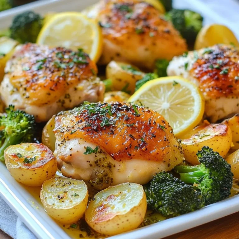 - 4 bone-in, skin-on chicken thighs - 1 pound baby potatoes, halved - 2 cups broccoli florets - 1 large lemon, zested and juiced - 4 cloves fresh garlic, minced - 2 tablespoons extra virgin olive oil - 1 tablespoon fresh rosemary, finely chopped - 1 tablespoon fresh thyme, finely chopped - Salt and freshly ground black pepper, to taste - Lemon slices, for garnish If you want to switch things up, use different herbs. Try dried herbs if you don't have fresh ones. For the chicken, boneless thighs work, but keep an eye on cooking time. You can also use chicken breasts for a leaner option. Instead of broccoli, use green beans or asparagus for a nice crunch. If you can't find baby potatoes, any small potato will do. Just cut them into similar sizes for even cooking. This meal is well-balanced. Each serving offers protein from chicken, fiber from veggies, and healthy fats from olive oil. Here’s a rough breakdown per serving: - Calories: 450 - Protein: 30g - Carbohydrates: 35g - Fat: 20g - Fiber: 6g This dish not only tastes great but also gives you nutrients to keep you feeling good. {{ingredient_image_2}} Start by preheating your oven to 425°F (220°C). This heat will cook the chicken evenly. While the oven warms up, get your ingredients ready. Gather the chicken, baby potatoes, and broccoli. Halve the baby potatoes and rinse the broccoli florets. Having everything prepped makes cooking easier. In a mixing bowl, combine the olive oil, lemon juice, lemon zest, and minced garlic. Add the chopped rosemary and thyme. Sprinkle in salt and pepper. Whisk until mixed well. Next, add the chicken thighs. Make sure they get coated in the marinade. Let them sit for at least 15 minutes. This marinating time lets the flavors soak in. Now, it's time to roast! Take a large sheet pan and place the halved potatoes in a single layer. Drizzle a bit of olive oil and add salt and pepper. Toss the potatoes so they are covered. Place the marinated chicken thighs in the middle of the pan. Scatter the broccoli around the chicken and potatoes. Drizzle with olive oil and season with salt and pepper. Slide the sheet pan into the oven and roast for 25-30 minutes. Check that the chicken reaches an internal temperature of 165°F (74°C). The potatoes should be fork-tender. For a crispier finish, switch your oven to broil for 2-3 minutes. Keep a close watch to avoid burning. Once done, take the pan out and let it rest for about 5 minutes. This helps keep the chicken juicy. Finally, garnish with lemon slices and extra herbs for a bright touch. Serve warm and enjoy your meal! To get perfectly cooked chicken, check the internal temperature. Use a meat thermometer to see if it’s 165°F (74°C). This is key for juicy chicken. If you don’t have a thermometer, check that the juices run clear when you cut into the chicken. The potatoes should be fork-tender, and the broccoli should be bright green and tender. For a flavor boost, use fresh herbs. Rosemary and thyme add great taste. You can also add crushed red pepper for a bit of heat. When marinating, let the chicken sit for at least 15 minutes. For more flavor, try marinating longer, even overnight. This will really let the lemon and herbs soak in. Don’t forget to season the vegetables too! A sprinkle of salt and pepper goes a long way. If you have leftover marinade, store it in the fridge for up to three days. You can use it for other proteins or veggies. For leftover chicken, let it cool, then store it in an airtight container. It can last in the fridge for up to four days. Reheat in the oven or microwave, but avoid overcooking. This keeps the chicken tasty and moist. Pro Tips Marination Time: Let the chicken marinate for at least 30 minutes or up to overnight for maximum flavor absorption. Vegetable Variations: Feel free to swap out the broccoli for other vegetables like asparagus or bell peppers for a different flavor profile. Checking Doneness: Always use a meat thermometer to ensure your chicken is cooked to the safe internal temperature of 165°F (74°C). Serving Suggestions: Pair this dish with a light salad or crusty bread to soak up the delicious juices. {{image_4}} You can mix and match vegetables to suit your taste. Carrots add sweetness and color. Bell peppers bring crunch and a slight sweetness. Zucchini cooks fast and adds a nice texture. Green beans offer a fresh snap. Just chop them into similar sizes for even cooking. Feel free to get creative and use what you have on hand. Chicken thighs work great in this dish, but you can swap them for chicken breasts. If you want a twist, try salmon. Salmon cooks quickly and pairs well with lemon. Just adjust cooking time to about 15-20 minutes. Make sure the internal temperature hits 145°F (63°C). This change brings a new flavor and keeps it fresh. Spices can change the whole dish. If you want heat, add red pepper flakes to the marinade. For a smoky flavor, try smoked paprika. You can also add a pinch of cumin for warmth. Fresh herbs like parsley or dill can brighten the taste. Experiment a bit, and find what makes your taste buds dance. After you enjoy your Lemon Herb Chicken, store leftovers in an airtight container. This keeps the chicken and veggies fresh. You can keep them in the fridge for up to three days. If you want to eat them later, consider freezing for longer storage. To reheat, use an oven or a microwave. For the oven, preheat it to 350°F (175°C). Place the chicken and veggies on a baking sheet. Cover them with foil to keep moisture. Bake for about 15-20 minutes until warmed through. In the microwave, heat in short bursts. Check every minute to avoid drying out the food. You can freeze the Lemon Herb Chicken meal for up to three months. Wrap the chicken and veggies tightly in plastic wrap, then place them in a freezer bag. When ready to eat, thaw overnight in the fridge. Reheat as mentioned to enjoy the dish again. Yes, you can use boneless chicken thighs. They cook faster and still stay juicy. Just adjust the cooking time. Check them around 20 minutes into roasting. Boneless thighs are great for easy eating. The chicken is done when it reaches 165°F (74°C). Use a meat thermometer to check. Insert the thermometer into the thickest part of the chicken. If the juices run clear, it’s also a good sign. Always let the chicken rest for 5 minutes before serving. This helps keep it juicy. Several sides go well with lemon herb chicken. Here are some great options: - Steamed green beans - Quinoa salad - Rice pilaf - Roasted carrots - Mixed greens salad These sides complement the bright flavors of the chicken and add color to your plate. Enjoy experimenting with different combinations! This blog post covers all you need to know about making lemon herb chicken. We talked about the ingredients, step-by-step cooking, and tips for best results. You learned how to store leftovers and variations to try. With this knowledge, you can cook a tasty meal with ease. Enjoy experimenting with flavors and textures. Cooking should be fun, so don’t be scared to try new things. Happy cooking as you make delicious meals that impress everyone!